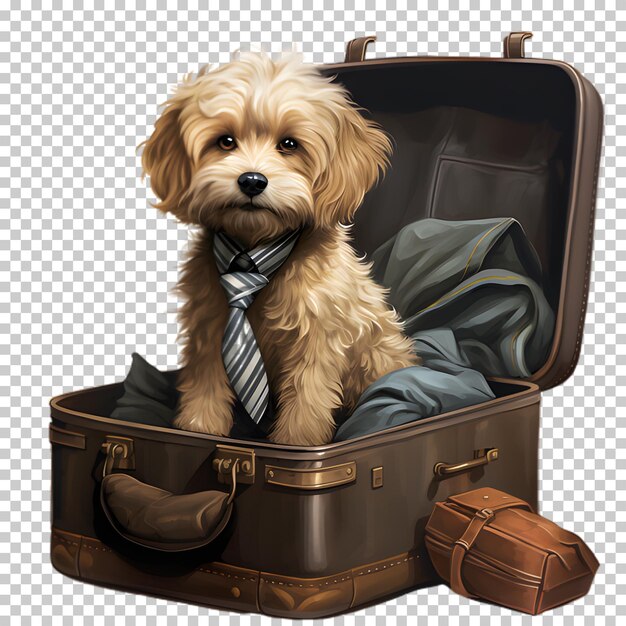 PSD pies siedzący w walizce odizolowany na przezroczystym tle