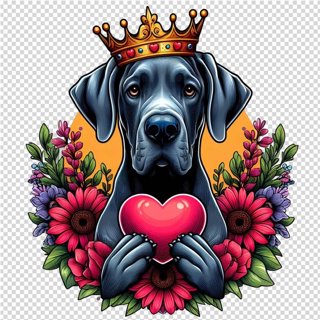 PSD pies z koroną na głowie trzyma serce z kwiatami
