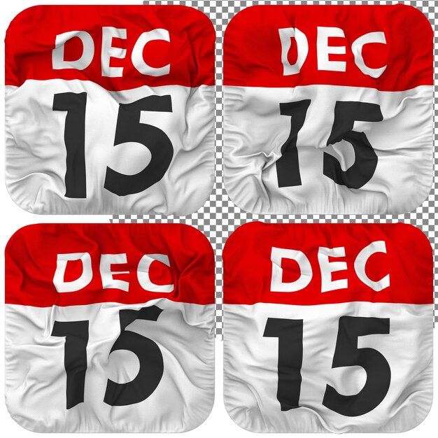 PSD piętnasty 15 grudnia data ikona kalendarza izolowana cztery macha styl tekstura guzek renderowania 3d