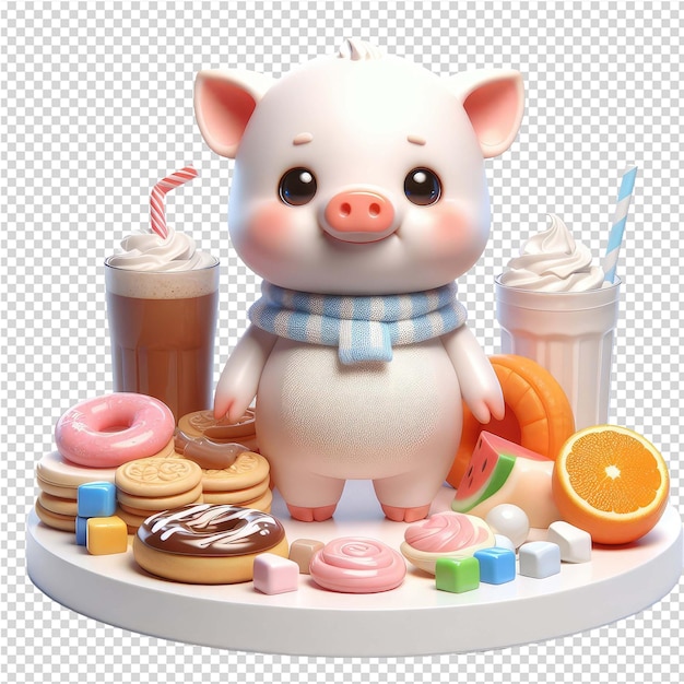 PSD a pig figurine with a blue and white striped sweater sits on a table with various items