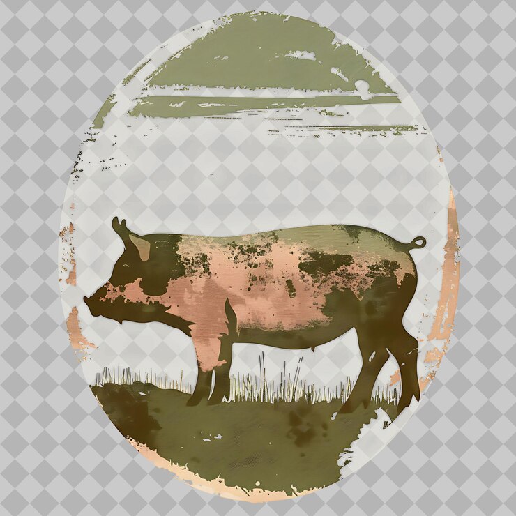 PSD 猪在椭圆形的轮中 农村风景 描绘了巴布亚新西兰水彩动物设计