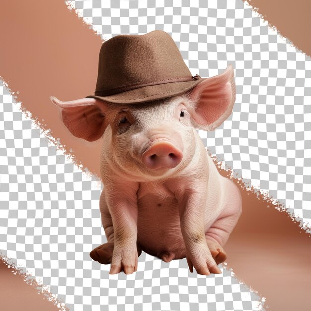 PSD a pig wearing a hat with a brown hat on it