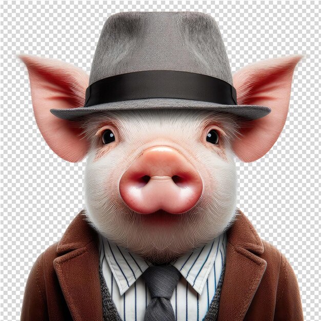 PSD a pig wearing a suit with a hat and a tie