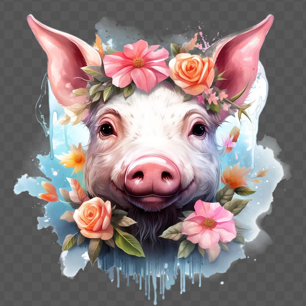 PSD a pig with a flower wreath on its head is shown in this image