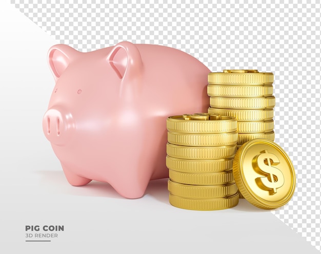 Pig with golden coin with dollar icon in realistic 3d render with transparent background