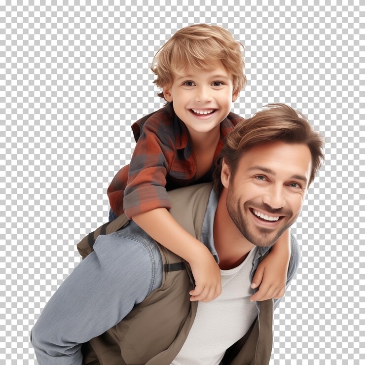 Piggy Back Ride vader en zoon geïsoleerd op doorzichtige achtergrond PNG