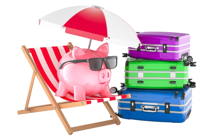 PSD piggy bank in zonnebril op strandstoel onder paraplu met bagage geld besparen en budget plannen voor vakantie concept 3d rendering geïsoleerd op transparante achtergrond