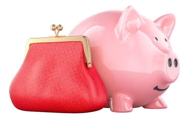 PSD piggy bank met munt portemonnee 3d-weergave geïsoleerd op transparante achtergrond