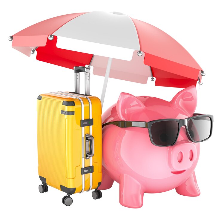 PSD piggy bank met zonnebril en vakantie bagage onder strand paraplu 3d rendering geïsoleerd op transparante achtergrond