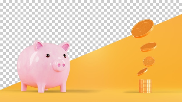 PSD piggy bank and a stack of gold coins 3d render concept of saving money banner pink piggy bank