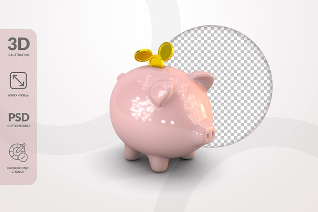 PSD piggy bank with floating coin finance saving money 3d render