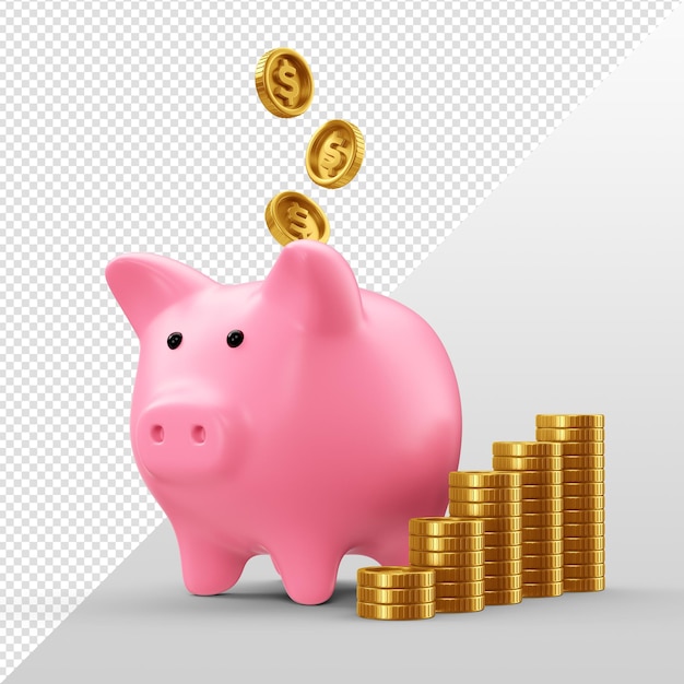 PSD piggy bank with gold money coin 3d render