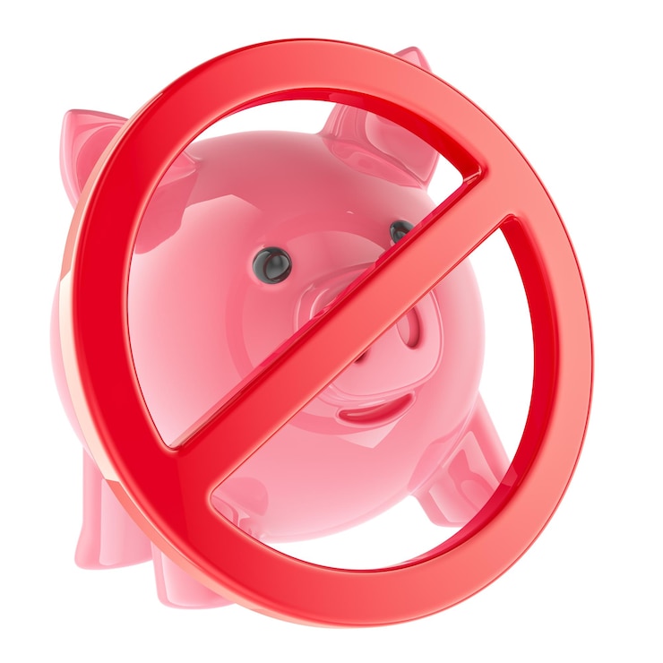 PSD piggy bank with prohibition symbol 3d rendering isolated on transparent background