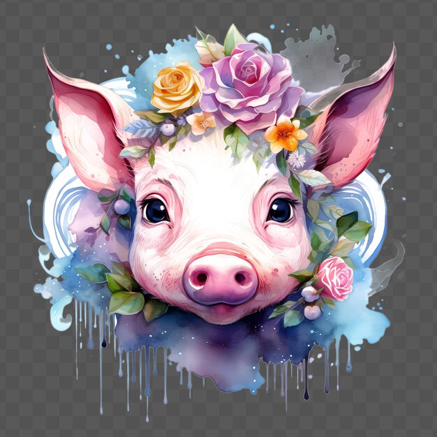 PSD piglet head with flowers on his head in the style waterclor style isolated psd transparent design