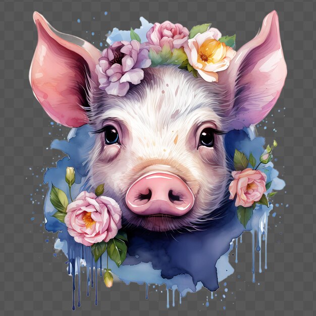 Piglet head with flowers on his head in the style waterclor style isolated psd transparent design