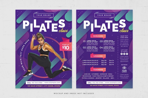 Pilates zumba yoga gym in purple energetic flyer template in psd