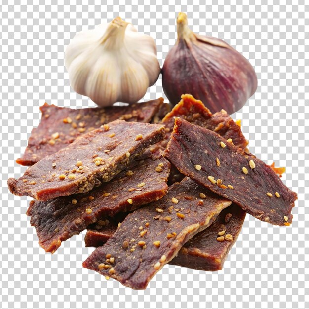 PSD a pile of beef jerky with garlic on transparent background