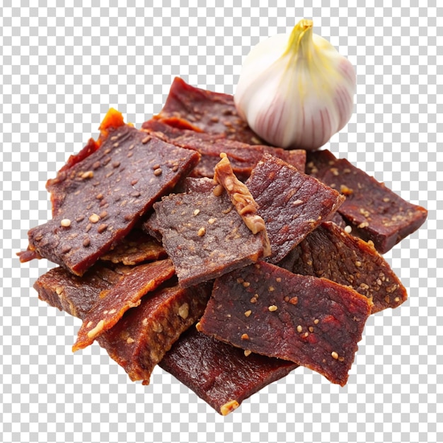 PSD a pile of beef jerky with garlic on transparent background