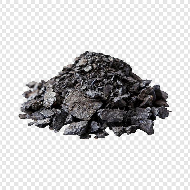 PSD pile of black coal rocks on a transparent background