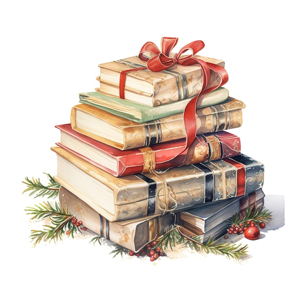 PSD pile of books for christmas event watercolor style ai generated