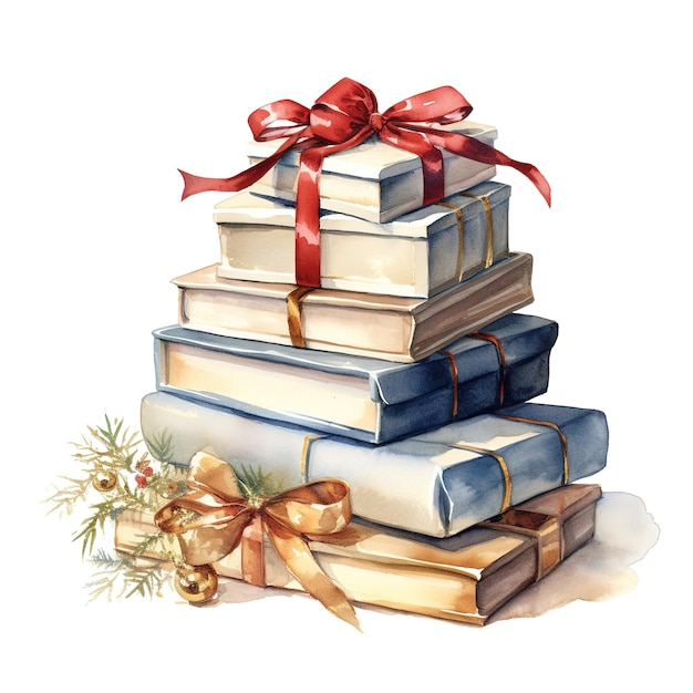 PSD pile of books for christmas event watercolor style ai generated