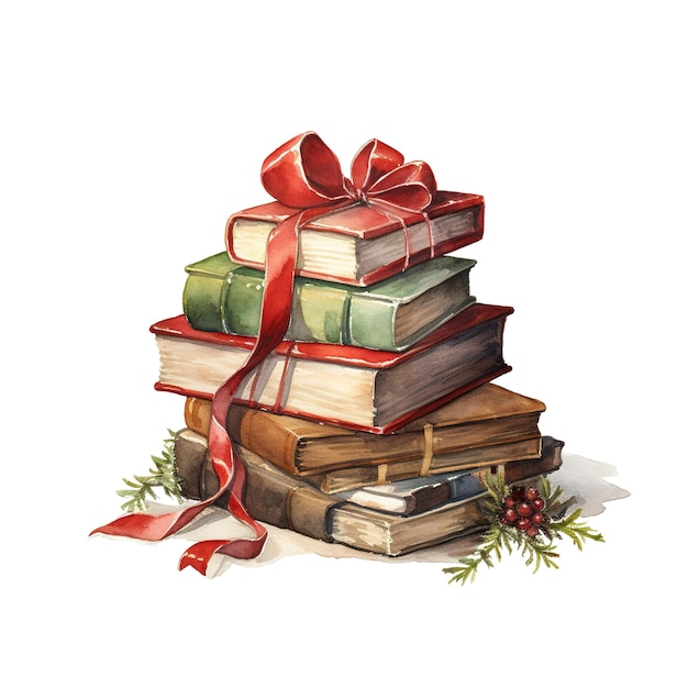 Pile of books for christmas event watercolor style ai generated