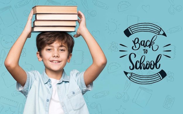 Pile of books young cute boy mock-up