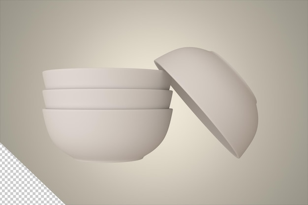 Pile of bowls with one bowl face down next to it 3d design psd format bg transparent