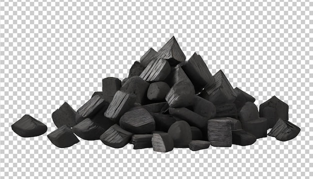 Pile of charcoal pieces isolated on transparent background