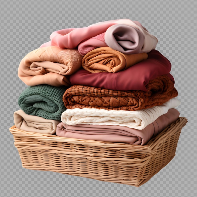 Pile of clothes in a square wicker basket cut out isolated on transparent background generative ai