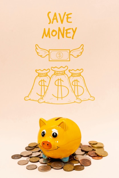 Pile of coins below a yellow piggy bank