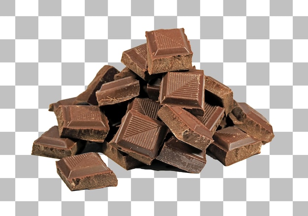 Pile of dark chocolate chunks isolated on transparent background