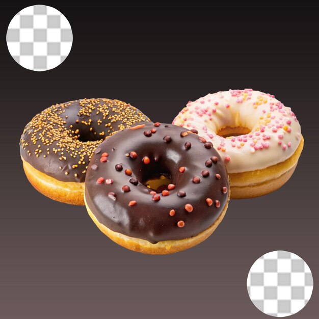 PSD a pile of different flavored donuts with sprinkles transparent background