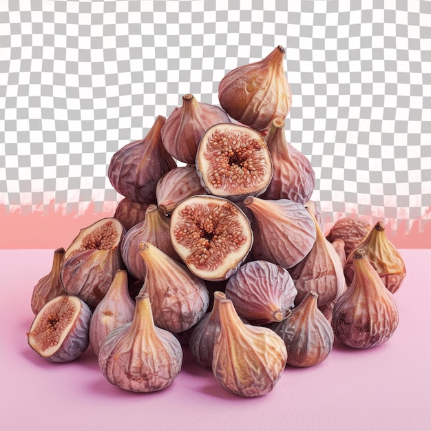 A pile of figs with a purple background with a picture of a tree on the top