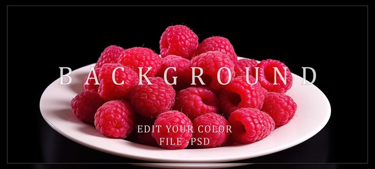 PSD a pile of fresh raspberries on a white plate