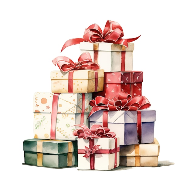 Pile di scatole regalo per l'evento natalizio acquarello stile ai generato