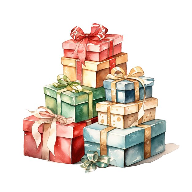 PSD pile of giftboxes for christmas event watercolor style ai generated