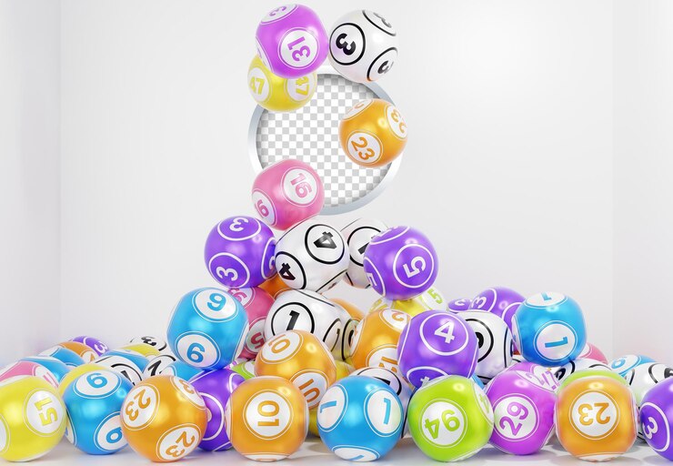 a pile of Lottery balls colorfull falling on the grey background