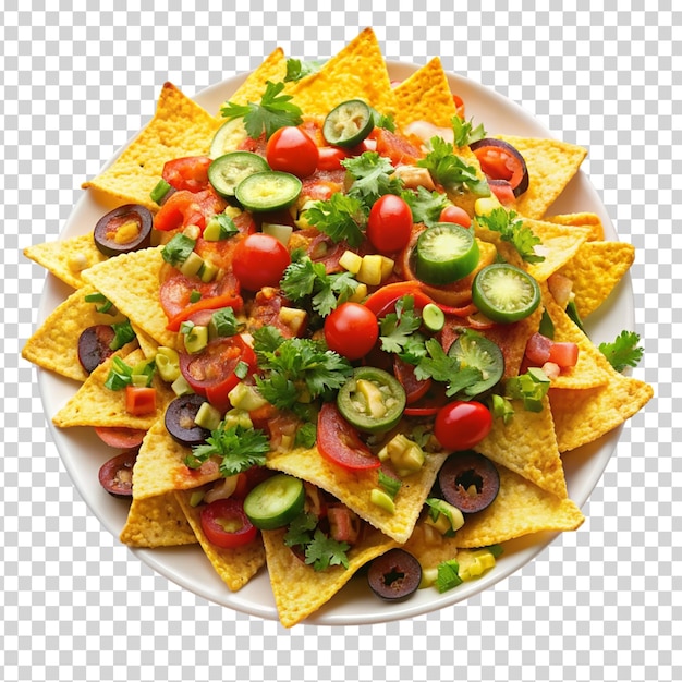 Un mucchio di patatine di nachos con una varietà di topping su uno sfondo trasparente
