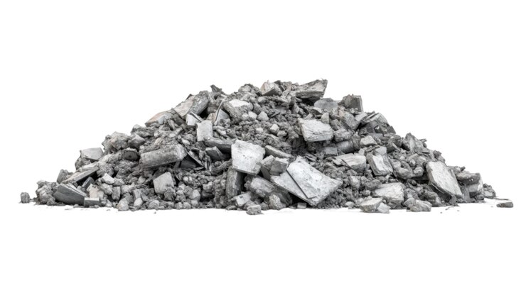 PSD pile of broken concrete rubble isolated on white background for construction and demolition projects