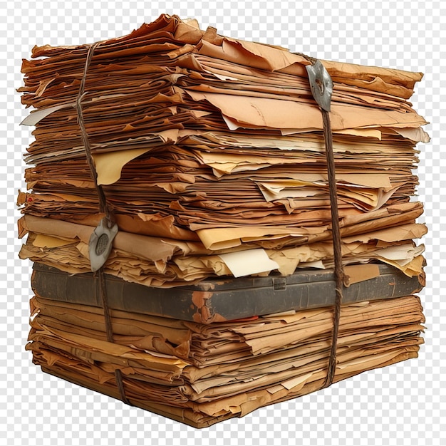 PSD Куча старых бумажных документов, изолированных на прозрачном фоне.