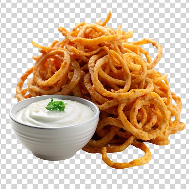 Pile of onion strings with a side of ranch isolated on transparent background