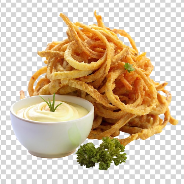 PSD pile of onion strings with a side of ranch isolated on transparent background