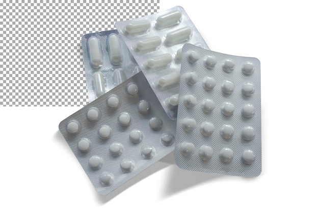 PSD pile of packages with pills on a transparent background the concept of medicine treatment