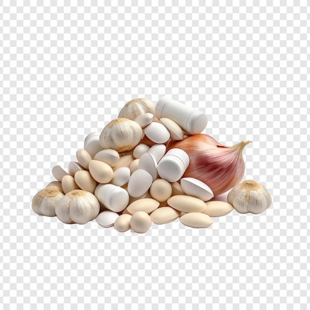 PSD un mucchio di pillole e aglio isolati su uno sfondo trasparente