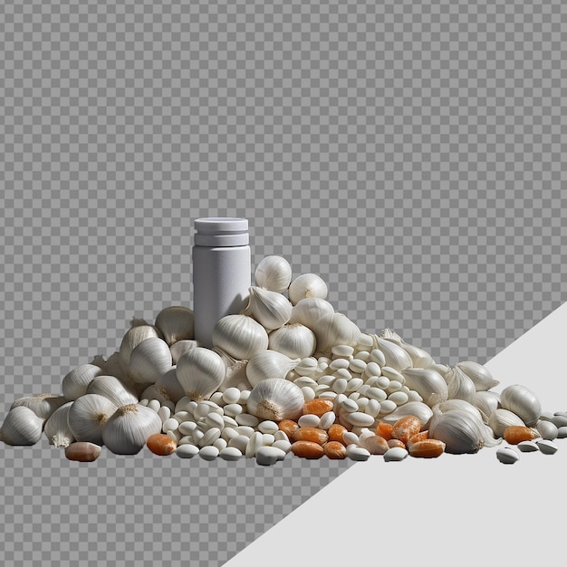 Un mucchio di pillole e aglio isolati su uno sfondo trasparente