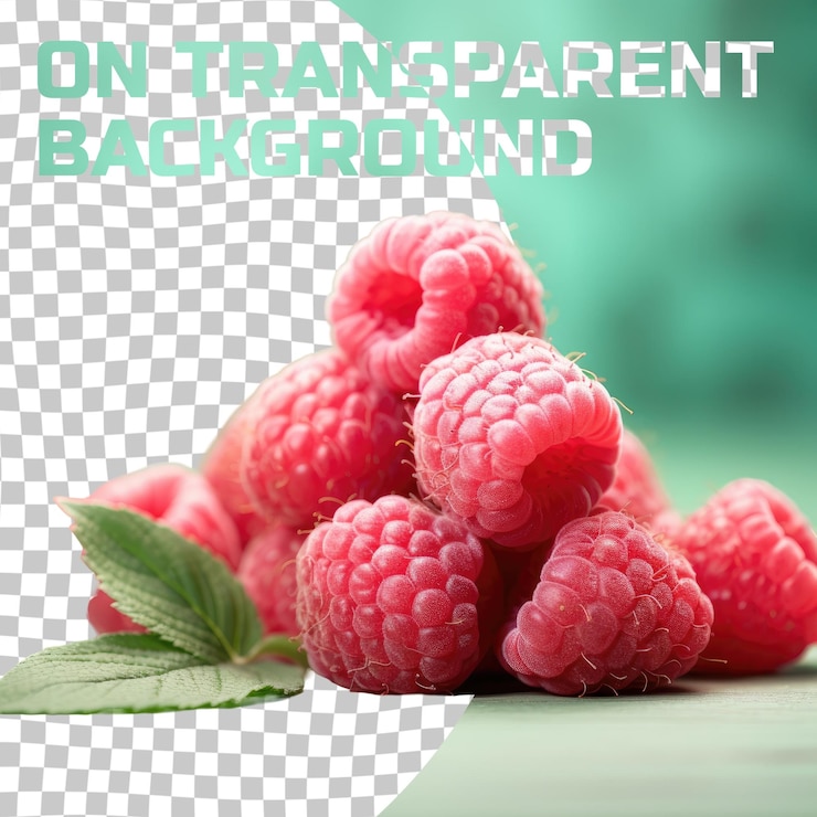 PSD a pile of raspberries a seedless fruit with a green leaf on a transparent
