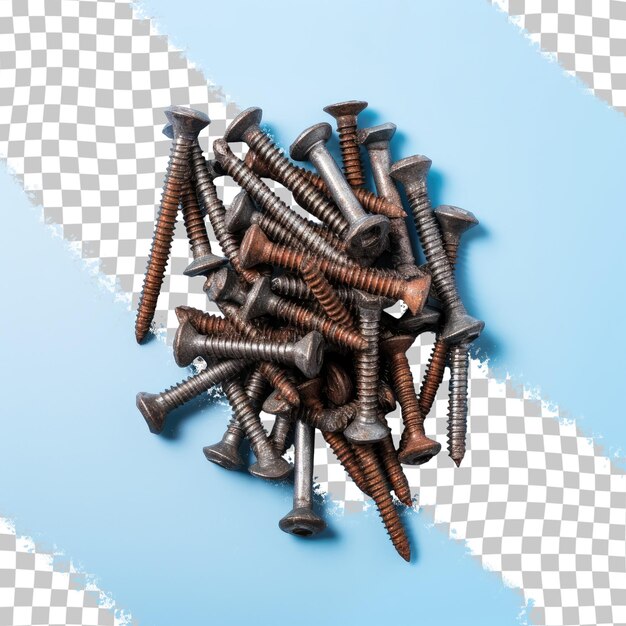 A pile of screws with one that has a screw on it.