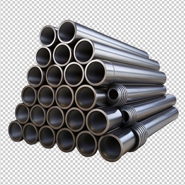 Pile of steel pipes on transparent background