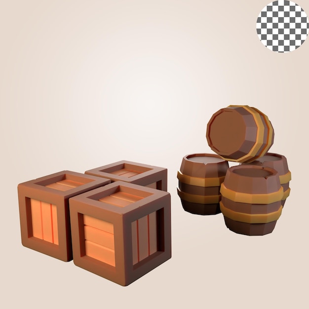 Pile of Wooden Barrels and Crates 3D Rendering